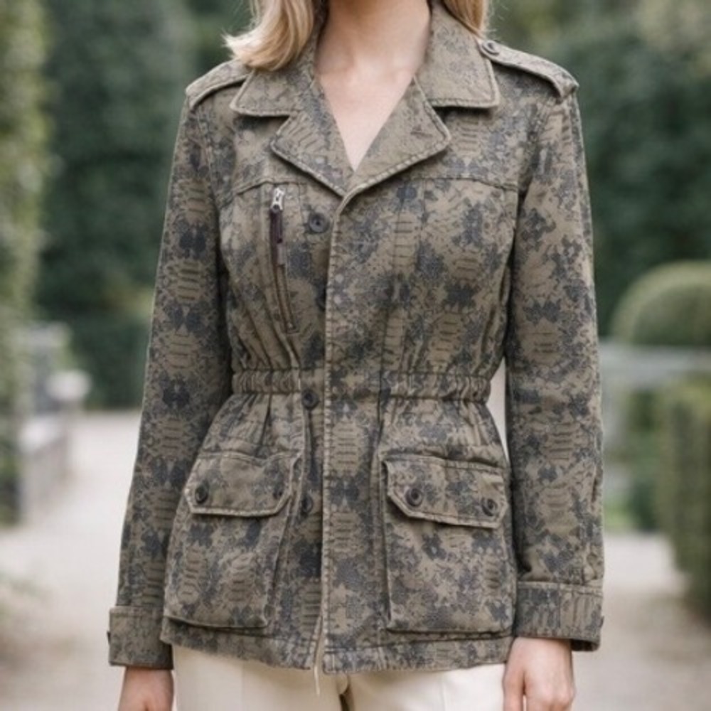 Rebecca Taylor Olive Snakeskin Print Linen Blend Utility Field Jacket Size M